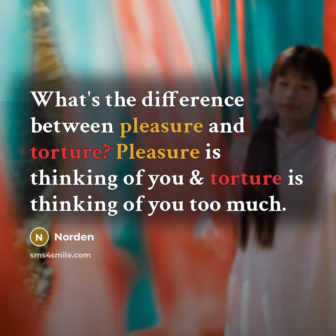 “What's the difference between pleasure and torture? Pleasure is thinking of you & torture is thinking of you too much.” quote by Norden
