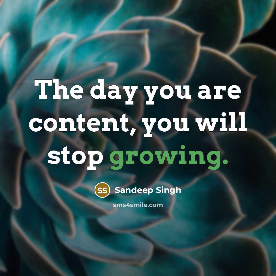 “The day you are content, you will stop growing.” quote by Sandeep Singh