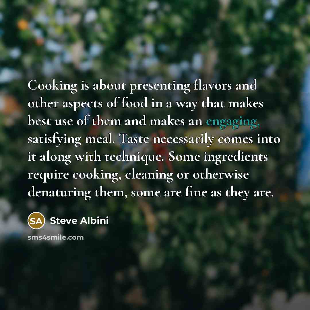 “Cooking is about presenting flavors and other aspects of food in a way that makes best use of them and makes an engaging, satisfying meal. Taste necessarily comes into it along with technique. Some ingredients require cooking, cleaning or otherwise denaturing them, some are fine as they are.” quote by Steve Albini