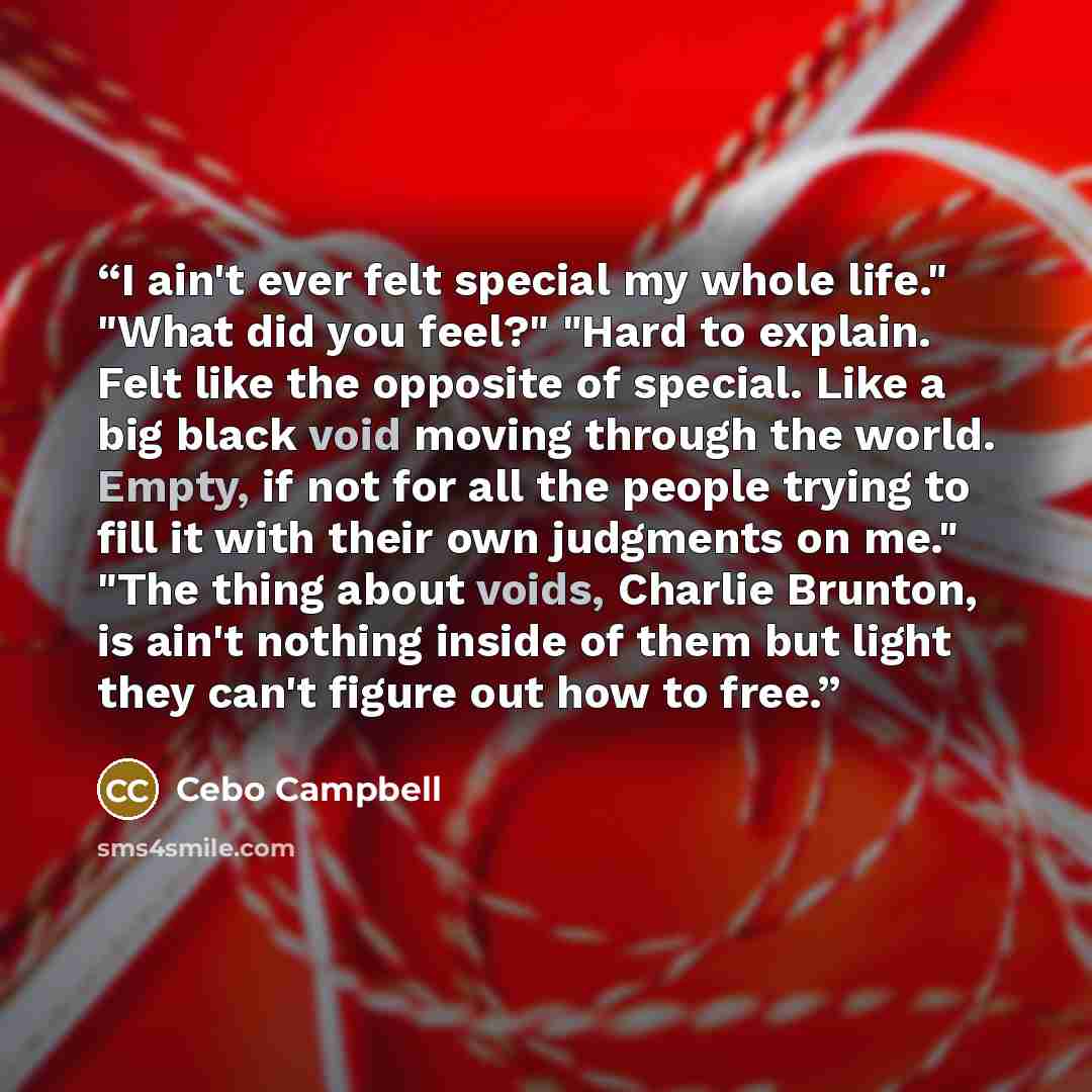 “I ain't ever felt special my whole life." "What did you feel?" "Hard to explain. Felt like the opposite of special. Like a big black void moving through the world. Empty, if not for all the people trying to fill it with their own judgments on me." "The thing about voids, Charlie Brunton, is ain't…” quote by Cebo Campbell