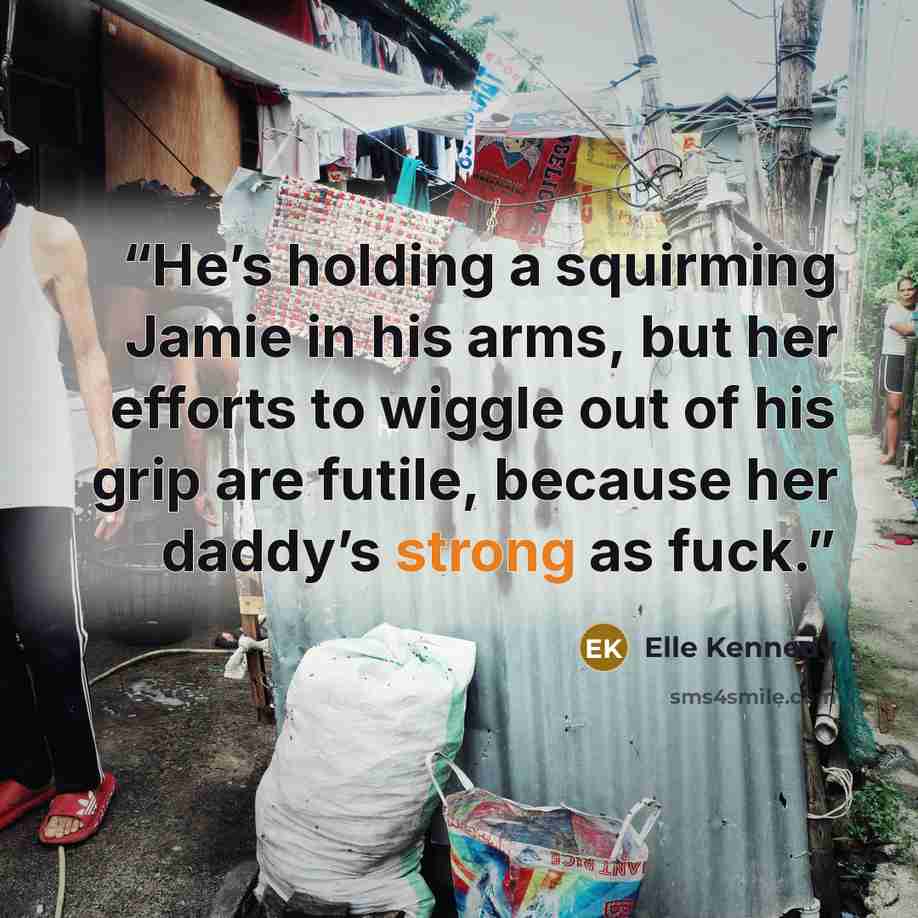 “He’s holding a squirming Jamie in his arms, but her efforts to wiggle out of his grip are futile, because her daddy’s strong as fuck.” quote by Elle Kennedy