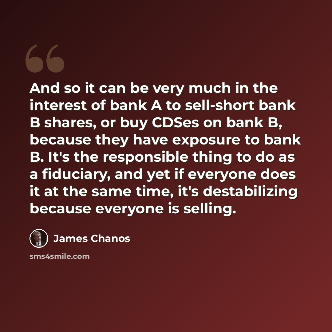 “And so it can be very much in the interest of bank A to sell-short bank B shares, or buy CDSes on bank B, because they have exposure to bank B. It's the responsible thing to do as a fiduciary, and yet if everyone does it at the same time, it's destabilizing because everyone is selling.” quote by James Chanos