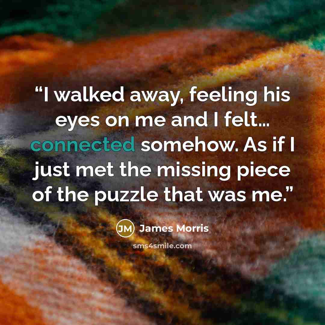 “I walked away, feeling his eyes on me and I felt… connected somehow. As if I just met the missing piece of the puzzle that was me.” quote by James Morris