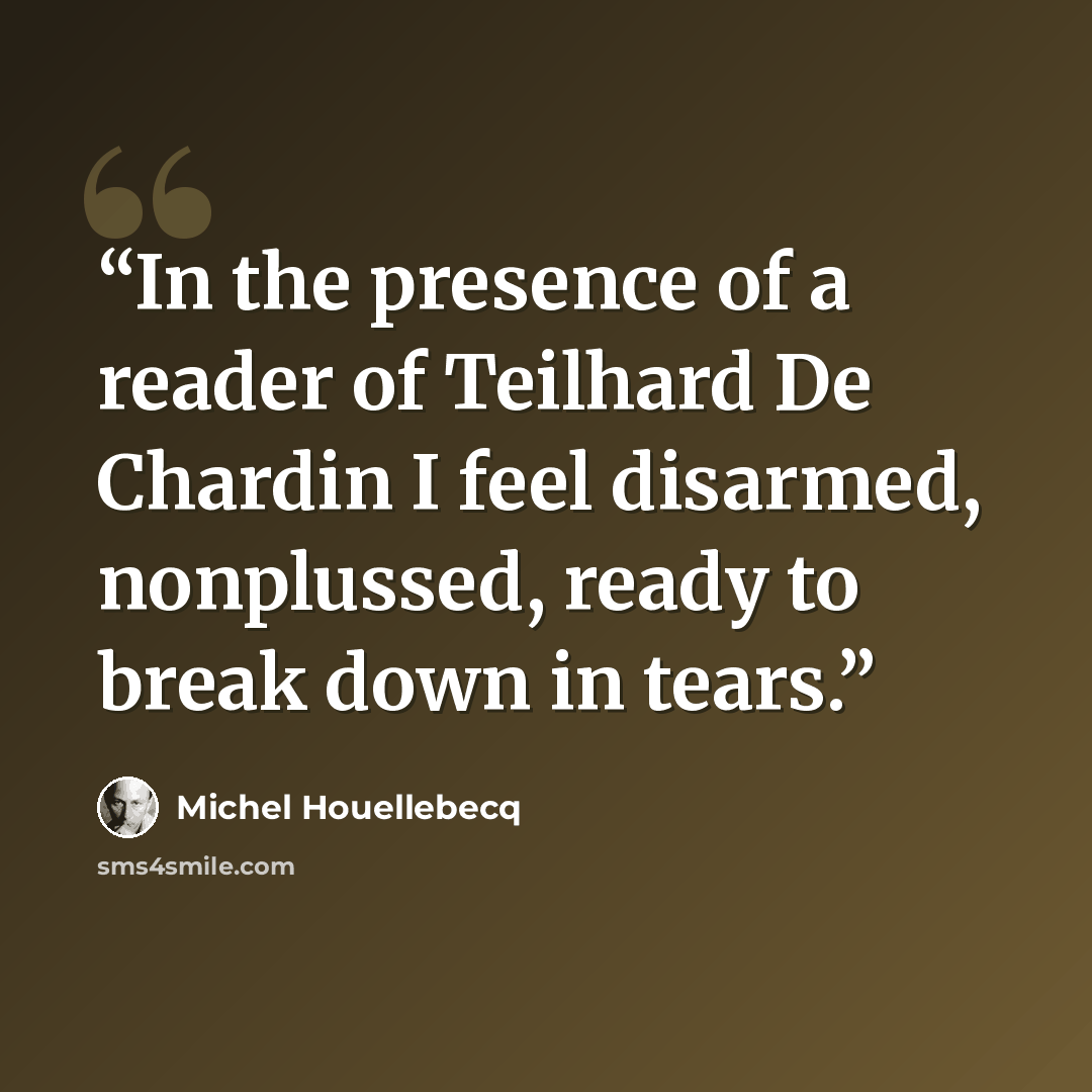 “In the presence of a reader of Teilhard De Chardin I feel disarmed, nonplussed, ready to break down in tears.” quote by Michel Houellebecq