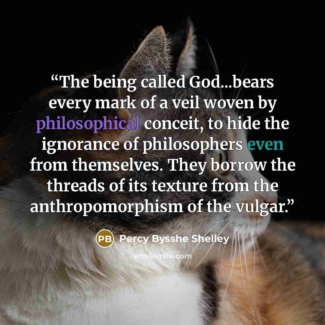 “The being called God...bears every mark of a veil woven by philosophical conceit, to hide the ignorance of philosophers even from themselves. They borrow the threads of its texture from the anthropomorphism of the vulgar.” quote by Percy Bysshe Shelley