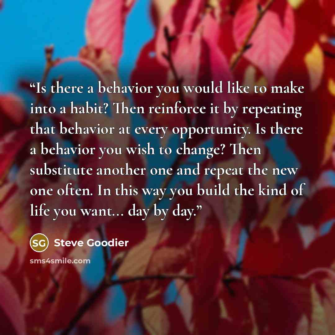 “Is there a behavior you would like to make into a habit? Then reinforce it by repeating that behavior at every opportunity. Is there a behavior you wish to change? Then substitute another one and repeat the new one often. In this way you build the kind of life you want... day by day.” quote by Steve Goodier