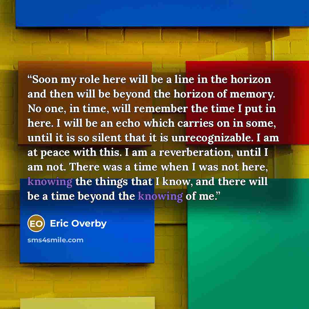 “Soon my role here will be a line in the horizon and then will be beyond the horizon of memory. No one, in time, will remember the time I put in here. I will be an echo which carries on in some, until it is so silent that it is unrecognizable. I am at peace with this. I am a reverberation, until I…” quote by Eric Overby