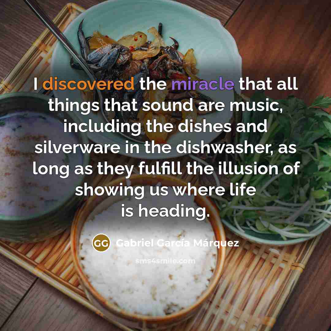 “I discovered the miracle that all things that sound are music, including the dishes and silverware in the dishwasher, as long as they fulfill the illusion of showing us where life is heading.” quote by Gabriel Garcia Marquez