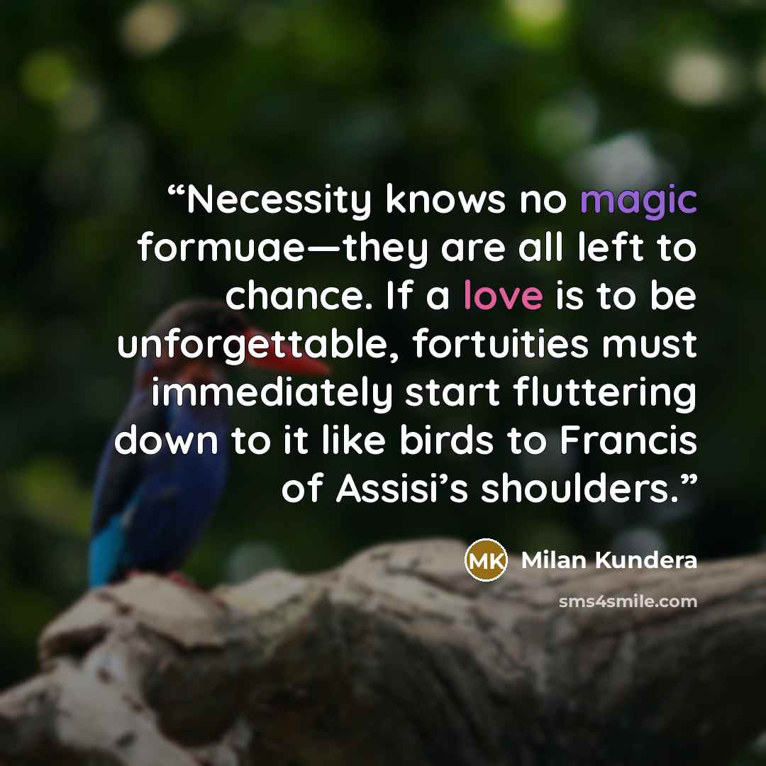 “Necessity knows no magic formuae—they are all left to chance. If a love is to be unforgettable, fortuities must immediately start fluttering down to it like birds to Francis of Assisi’s shoulders.” quote by Milan Kundera