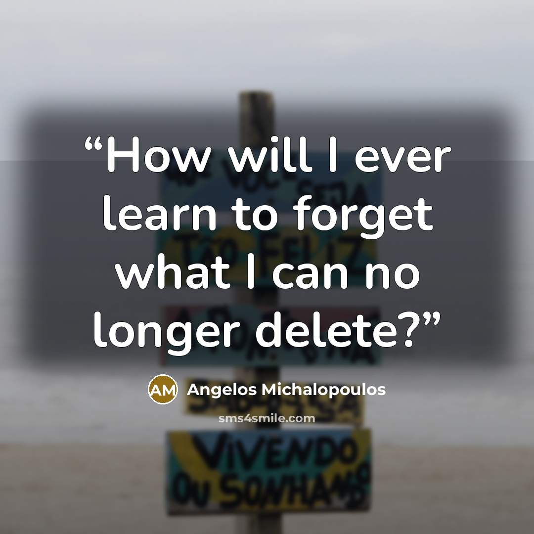 “How will I ever learn to forget what I can no longer delete?” quote by Angelos Michalopoulos