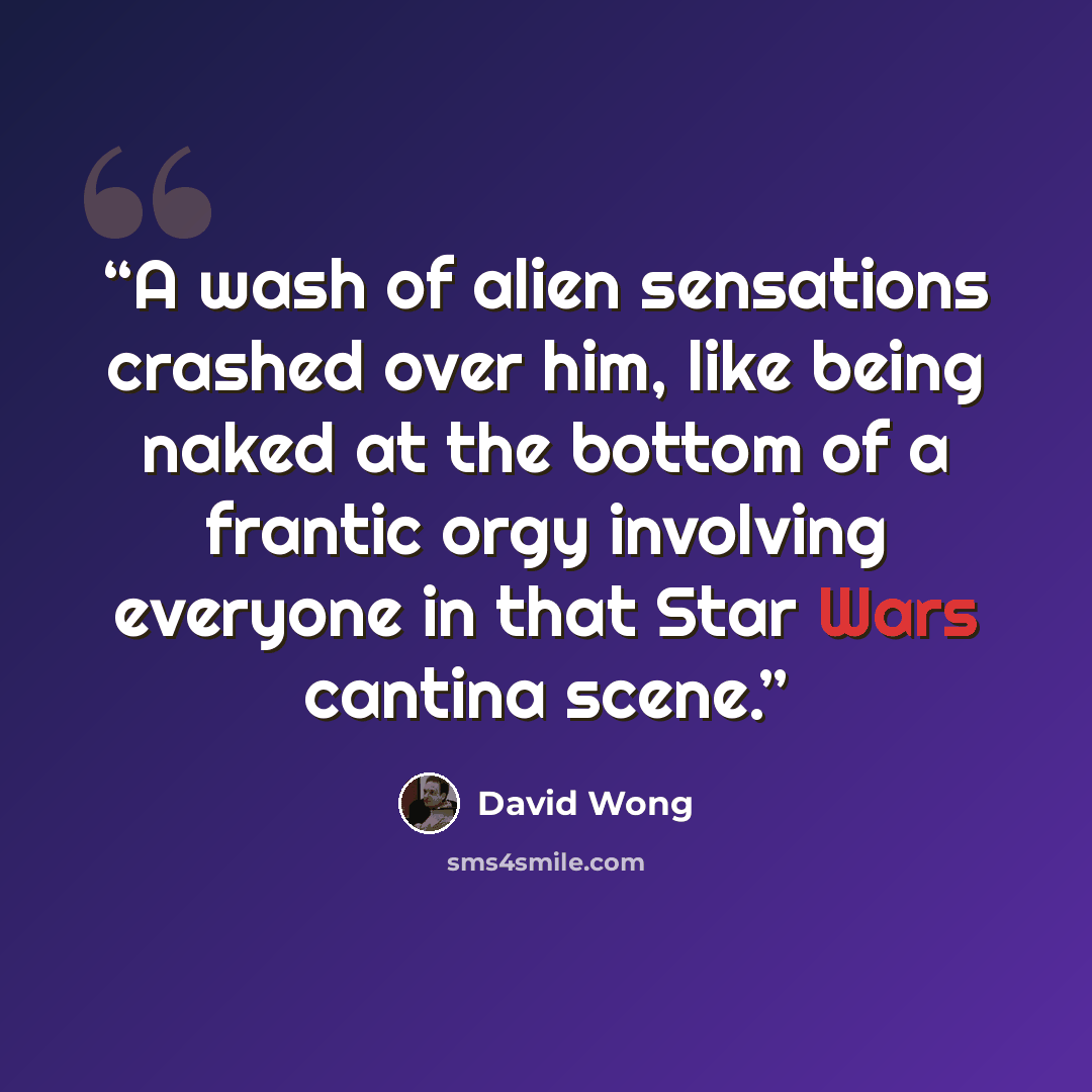 “A wash of alien sensations crashed over him, like being naked at the bottom of a frantic orgy involving everyone in that Star Wars cantina scene.” quote by David Wong