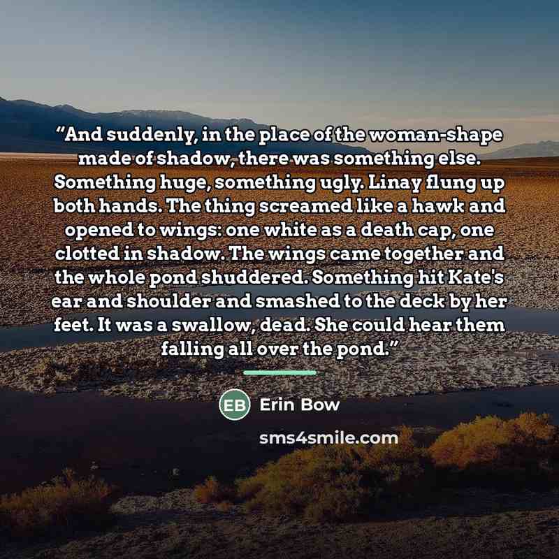 “And suddenly, in the place of the woman-shape made of shadow, there was something else. Something huge, something ugly. Linay flung up both hands. The thing screamed like a hawk and opened to wings: one white as a death cap, one clotted in shadow. The wings came together and the whole pond…” quote by Erin Bow