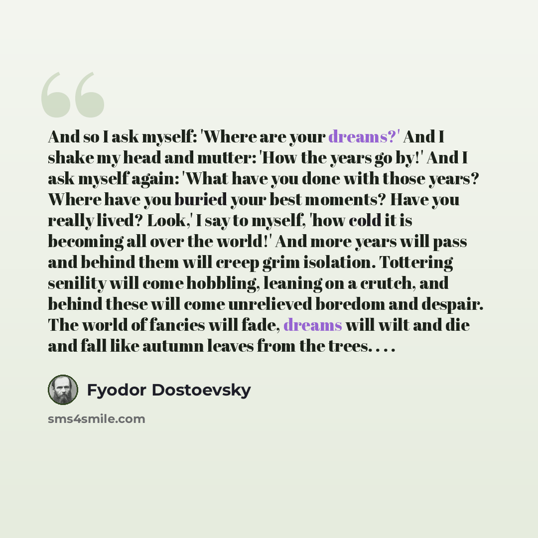 “And so I ask myself: 'Where are your dreams?' And I shake my head and mutter: 'How the years go by!' And I ask myself again: 'What have you done with those years? Where have you buried your best moments? Have you really lived? Look,' I say to myself, 'how cold it is becoming all over the world!'…” quote by Fyodor Dostoevsky