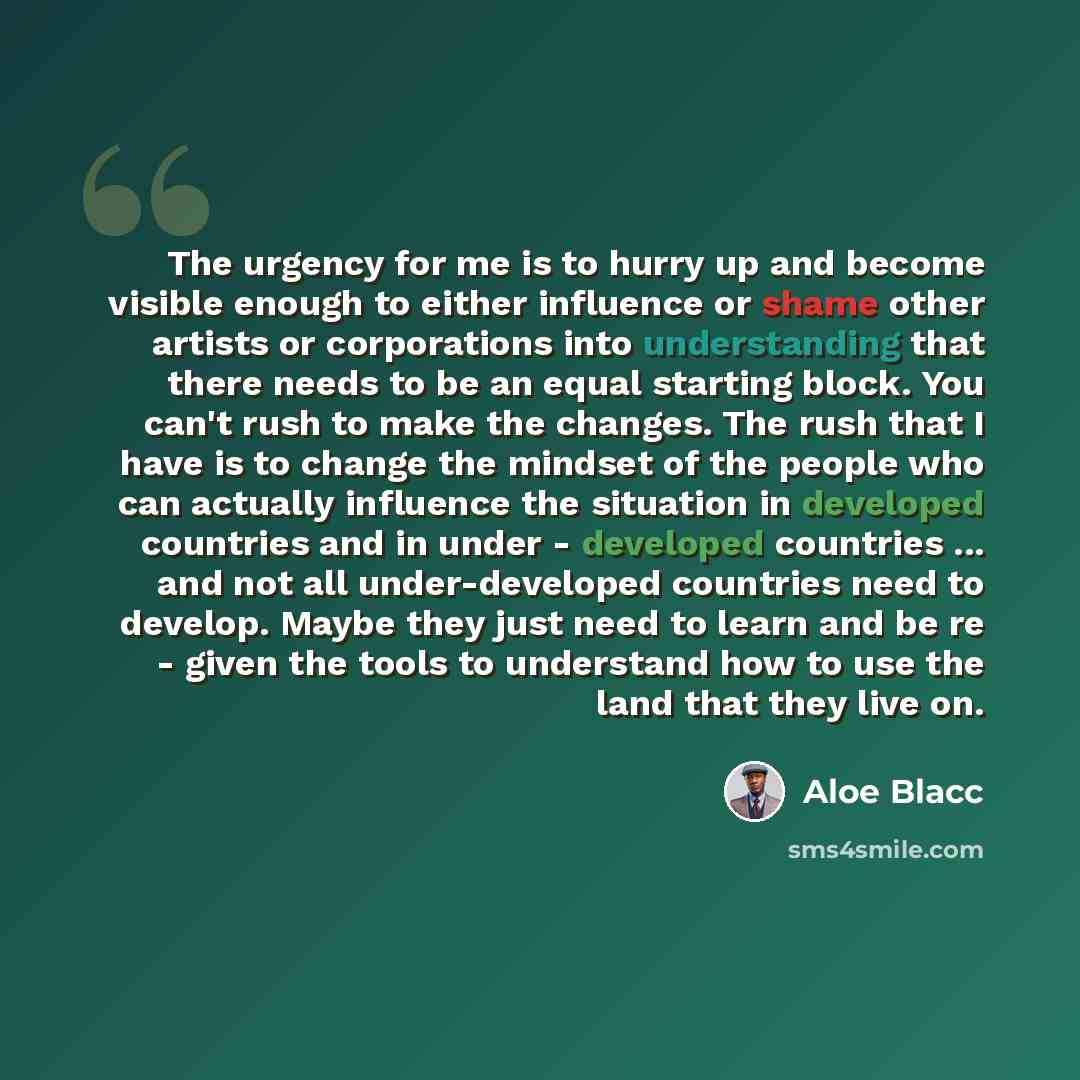 “The urgency for me is to hurry up and become visible enough to either influence or shame other artists or corporations into understanding that there needs to be an equal starting block. You can't rush to make the changes. The rush that I have is to change the mindset of the people who can actually…” quote by Aloe Blacc