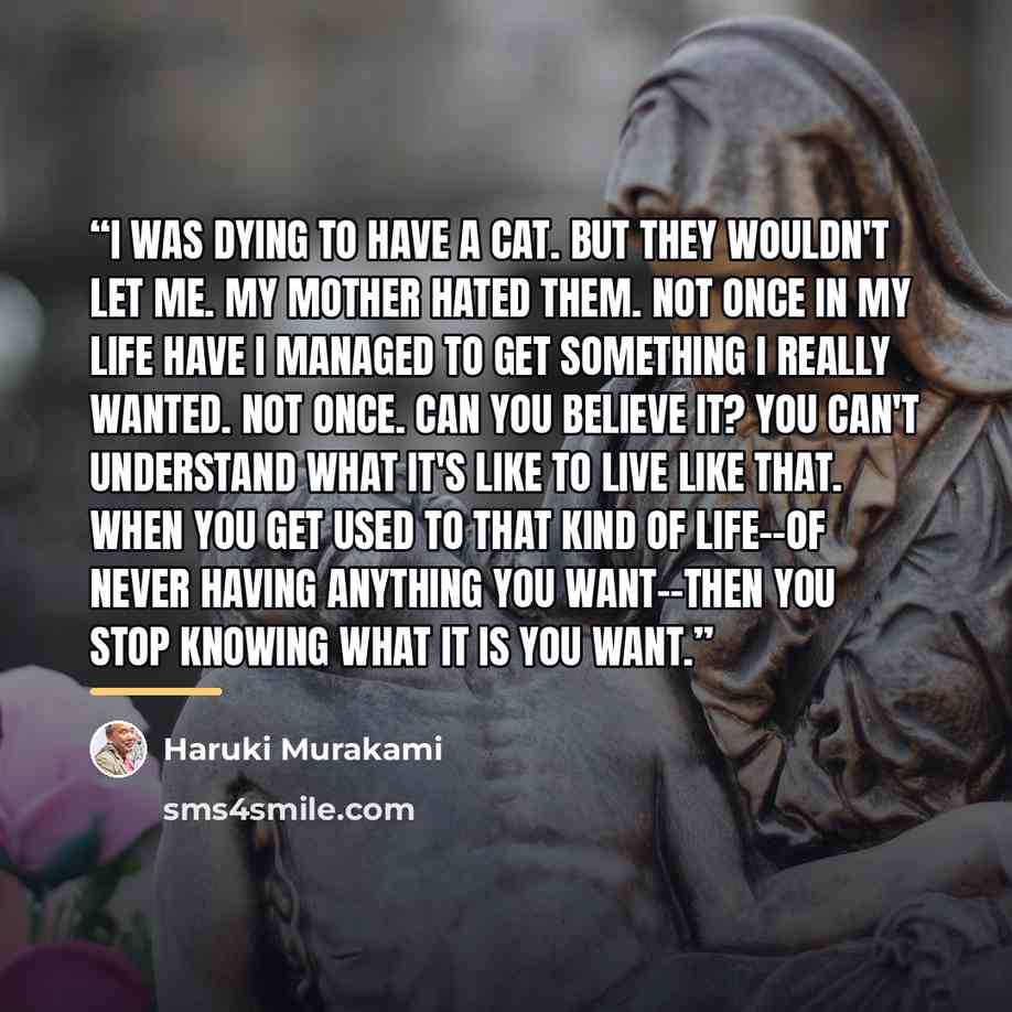 “I was dying to have a cat. But they wouldn't let me. My mother hated them. Not once in my life have I managed to get something I really wanted. Not once. Can you believe it? You can't understand what it's like to live like that. When you get used to that kind of life--of never having anything you…” quote by Haruki Murakami