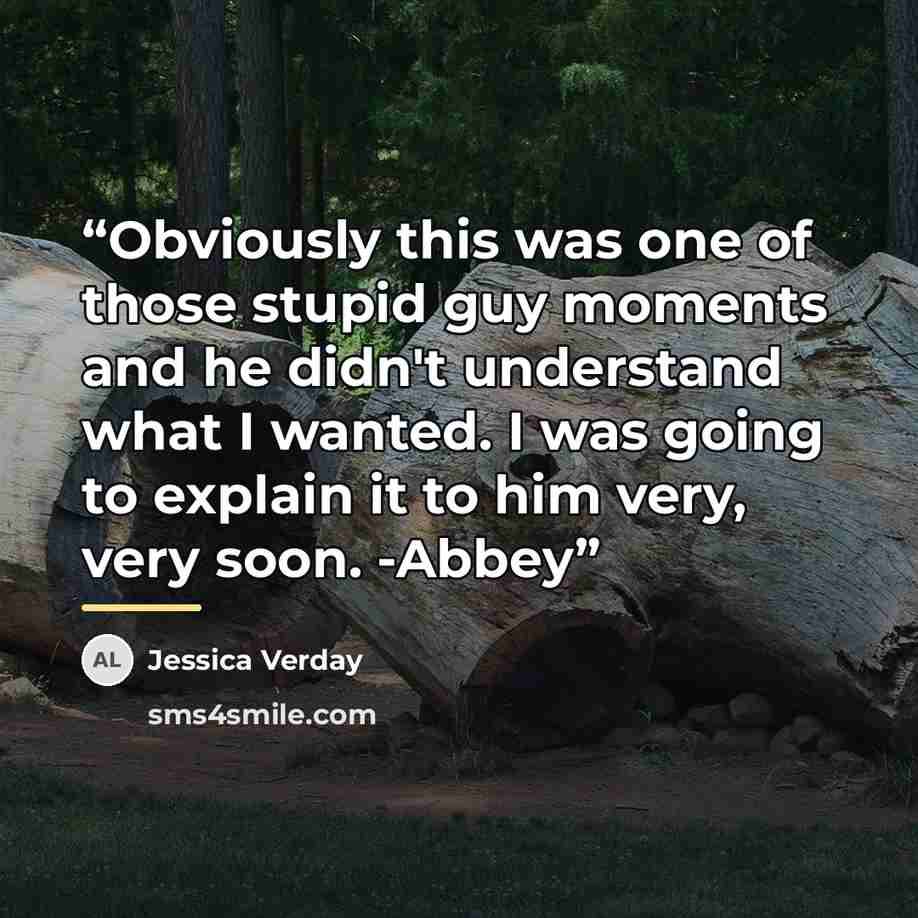 “Obviously this was one of those stupid guy moments and he didn't understand what I wanted. I was going to explain it to him very, very soon. -Abbey” quote by Jessica Verday