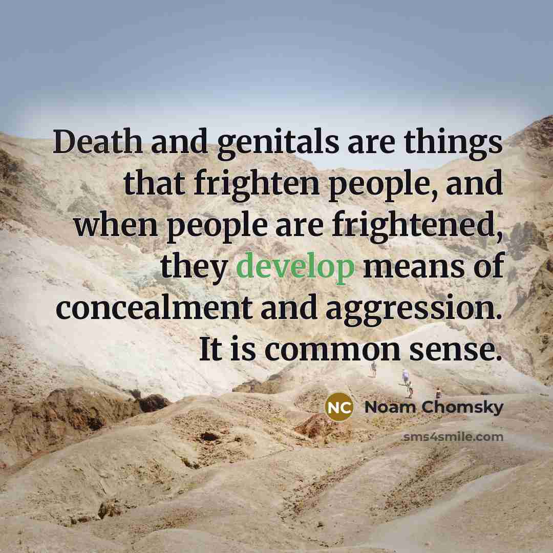 “Death and genitals are things that frighten people, and when people are frightened, they develop means of concealment and aggression. It is common sense.” quote by Noam Chomsky