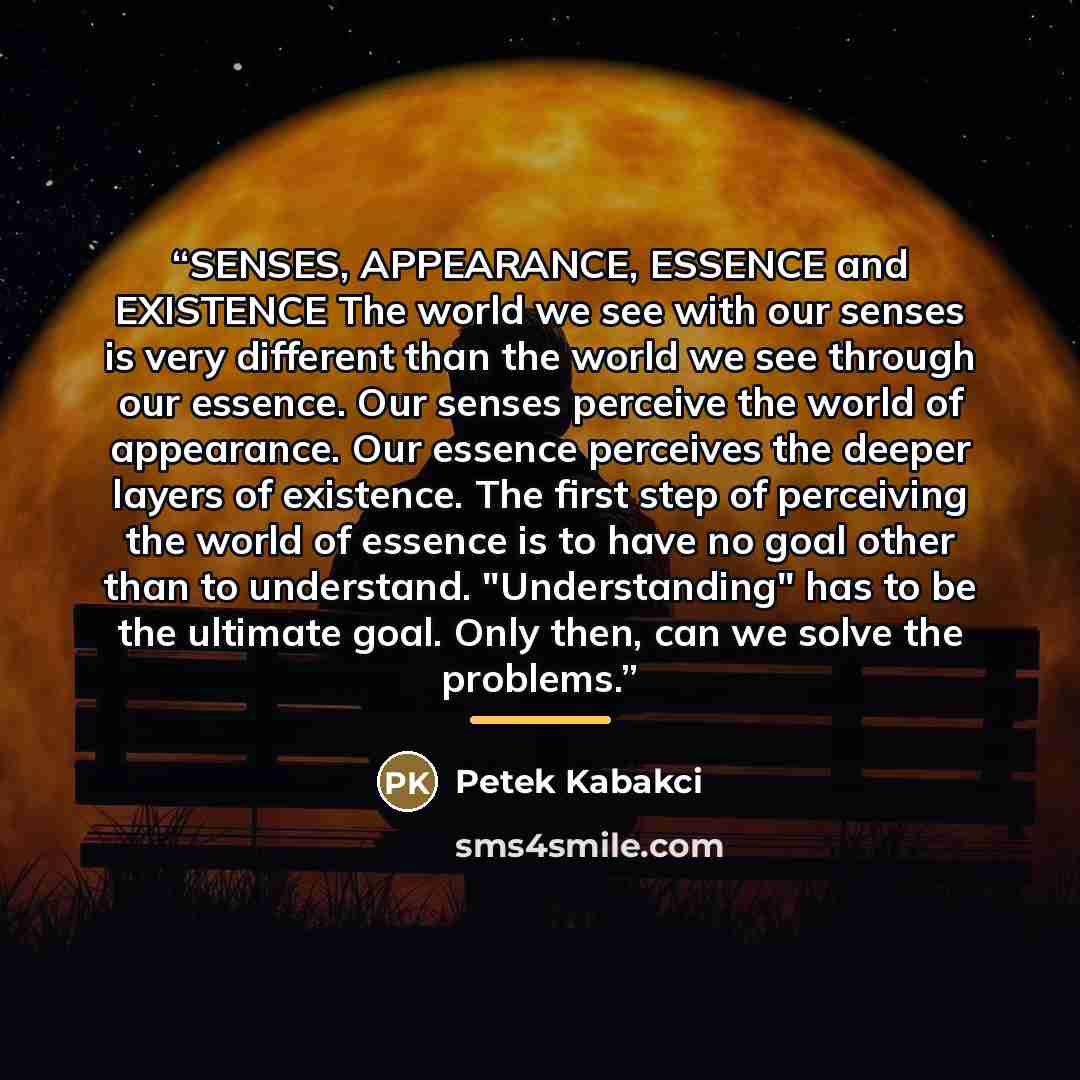 “SENSES, APPEARANCE, ESSENCE and EXISTENCE The world we see with our senses is very different than the world we see through our essence. Our senses perceive the world of appearance. Our essence perceives the deeper layers of existence. The first step of perceiving the world of essence is to have no…” quote by Petek Kabakci