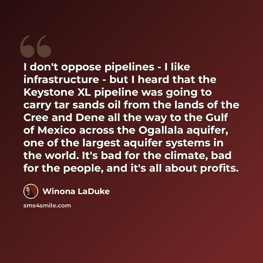 “I don't oppose pipelines - I like infrastructure - but I heard that the Keystone XL pipeline was going to carry tar sands oil from the lands of the Cree and Dene all the way to the Gulf of Mexico across the Ogallala aquifer, one of the largest aquifer systems in the world. It's bad for the…” quote by Winona LaDuke