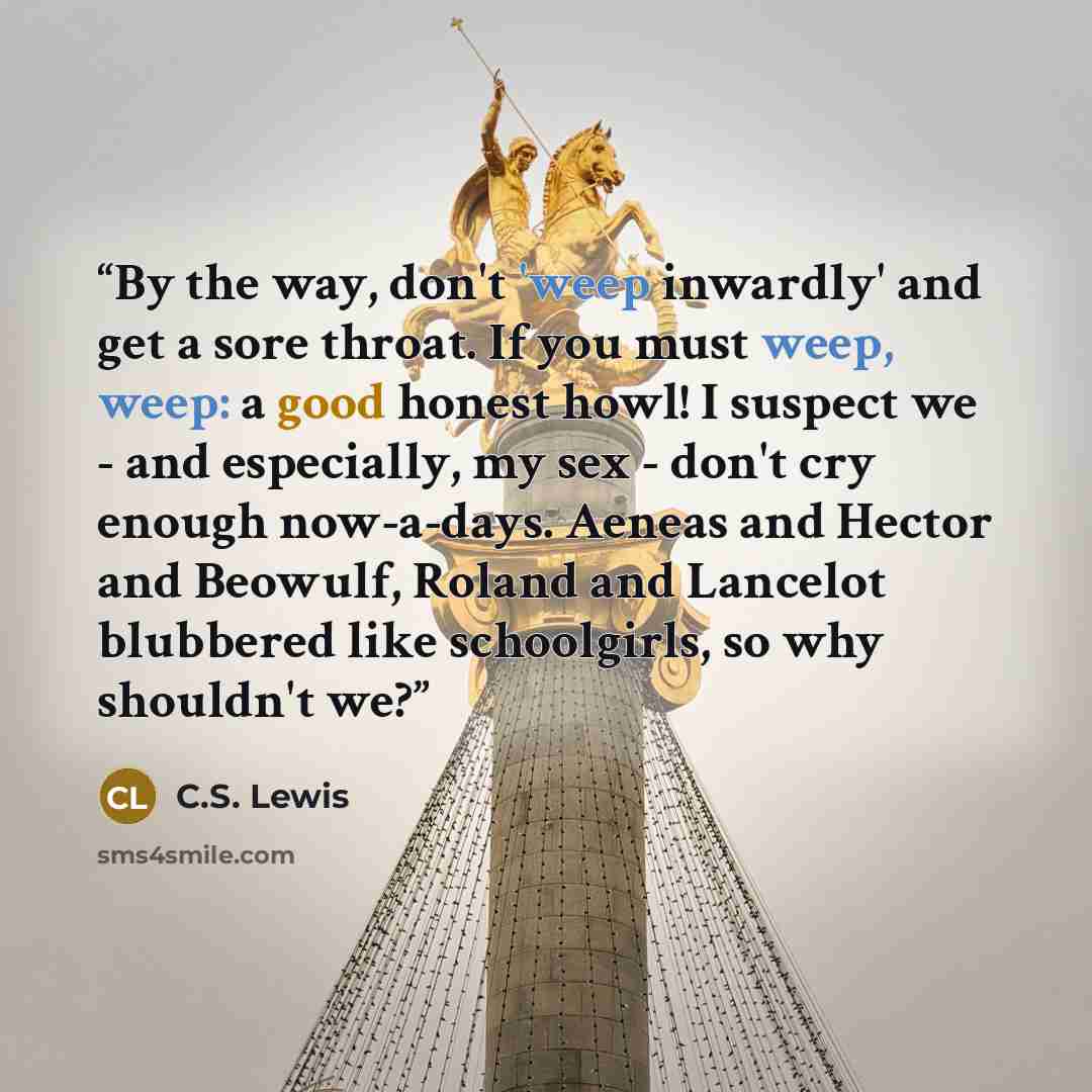 “By the way, don't 'weep inwardly' and get a sore throat. If you must weep, weep: a good honest howl! I suspect we - and especially, my sex - don't cry enough now-a-days. Aeneas and Hector and Beowulf, Roland and Lancelot blubbered like schoolgirls, so why shouldn't we?” quote by C.S. Lewis