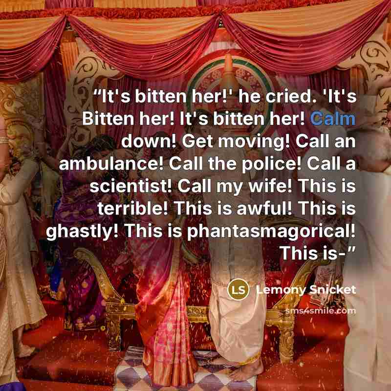 “It's bitten her!' he cried. 'It's Bitten her! It's bitten her! Calm down! Get moving! Call an ambulance! Call the police! Call a scientist! Call my wife! This is terrible! This is awful! This is ghastly! This is phantasmagorical! This is-” quote by Lemony Snicket