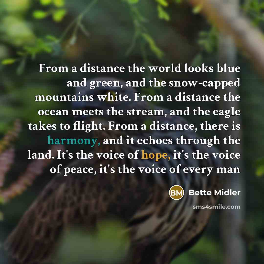 “From a distance the world looks blue and green, and the snow-capped mountains white. From a distance the ocean meets the stream, and the eagle takes to flight. From a distance, there is harmony, and it echoes through the land. It's the voice of hope, it's the voice of peace, it's the voice of…” quote by Bette Midler
