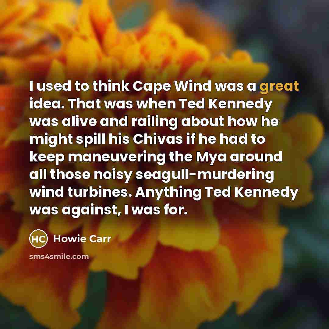 “I used to think Cape Wind was a great idea. That was when Ted Kennedy was alive and railing about how he might spill his Chivas if he had to keep maneuvering the Mya around all those noisy seagull-murdering wind turbines. Anything Ted Kennedy was against, I was for.” quote by Howie Carr