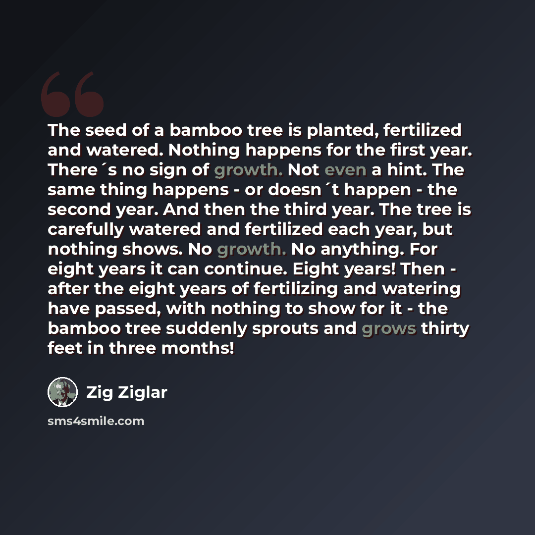“The seed of a bamboo tree is planted, fertilized and watered. Nothing happens for the first year. There´s no sign of growth. Not even a hint. The same thing happens - or doesn´t happen - the second year. And then the third year. The tree is carefully watered and fertilized each year, but nothing…” quote by Zig Ziglar