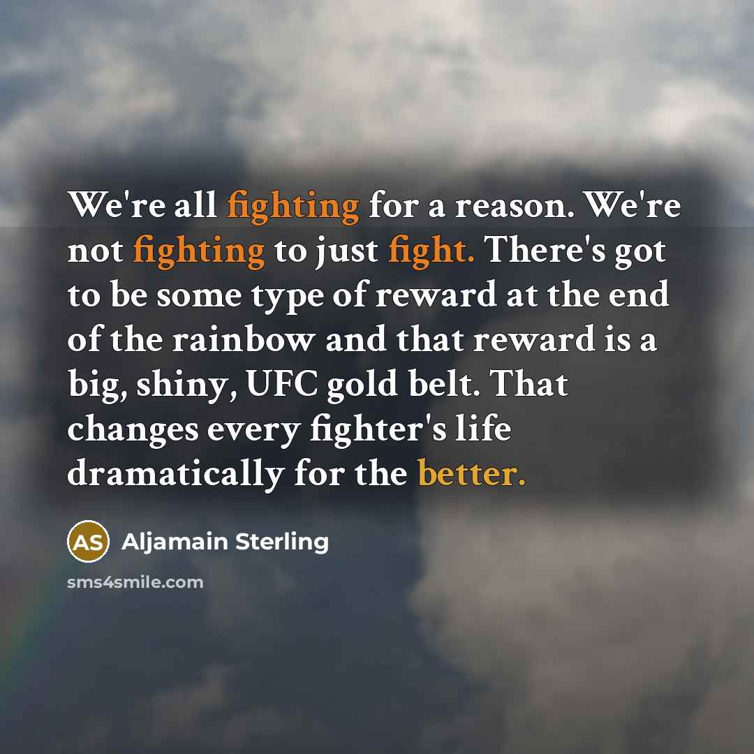 “We're all fighting for a reason. We're not fighting to just fight. There's got to be some type of reward at the end of the rainbow and that reward is a big, shiny, UFC gold belt. That changes every fighter's life dramatically for the better.” quote by Aljamain Sterling