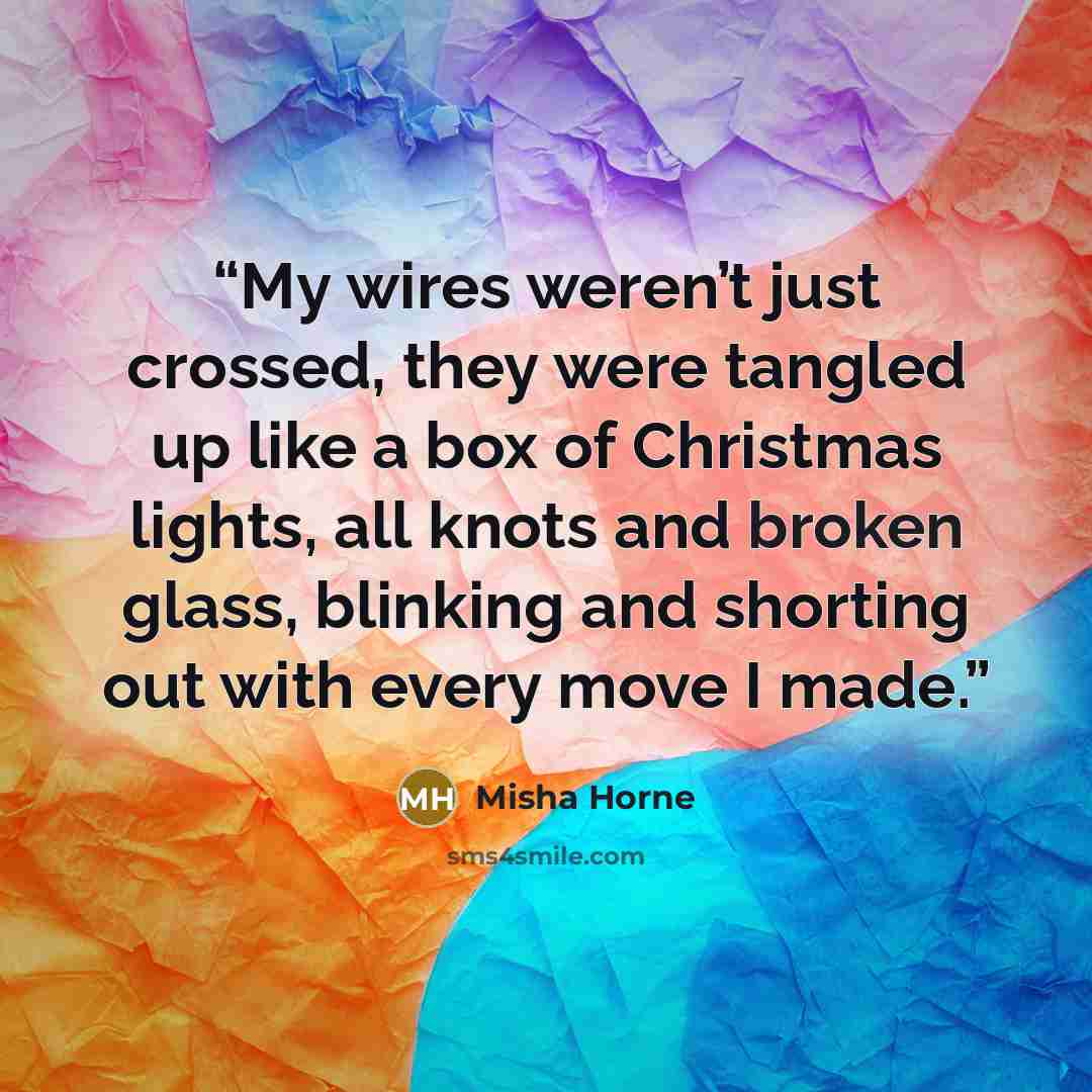 “My wires weren’t just crossed, they were tangled up like a box of Christmas lights, all knots and broken glass, blinking and shorting out with every move I made.” quote by Misha Horne