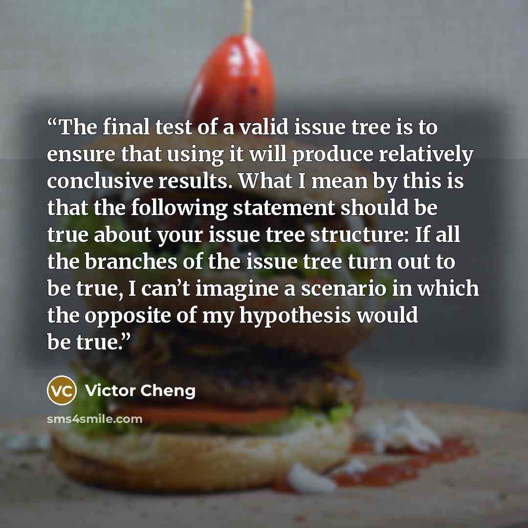 “The final test of a valid issue tree is to ensure that using it will produce relatively conclusive results. What I mean by this is that the following statement should be true about your issue tree structure: If all the branches of the issue tree turn out to be true, I can’t imagine a scenario in…” quote by Victor Cheng