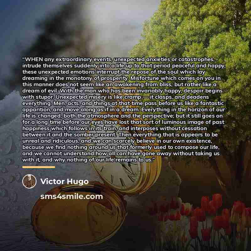 “WHEN any extraordinary events, unexpected anxieties or catastrophes, intrude themselves suddenly into a life up to that period peaceful and happy, these unexpected emotions interrupt the repose of the soul which lay dreaming in the monotony of prosperity. Misfortune which comes on you in this…” quote by Victor Hugo