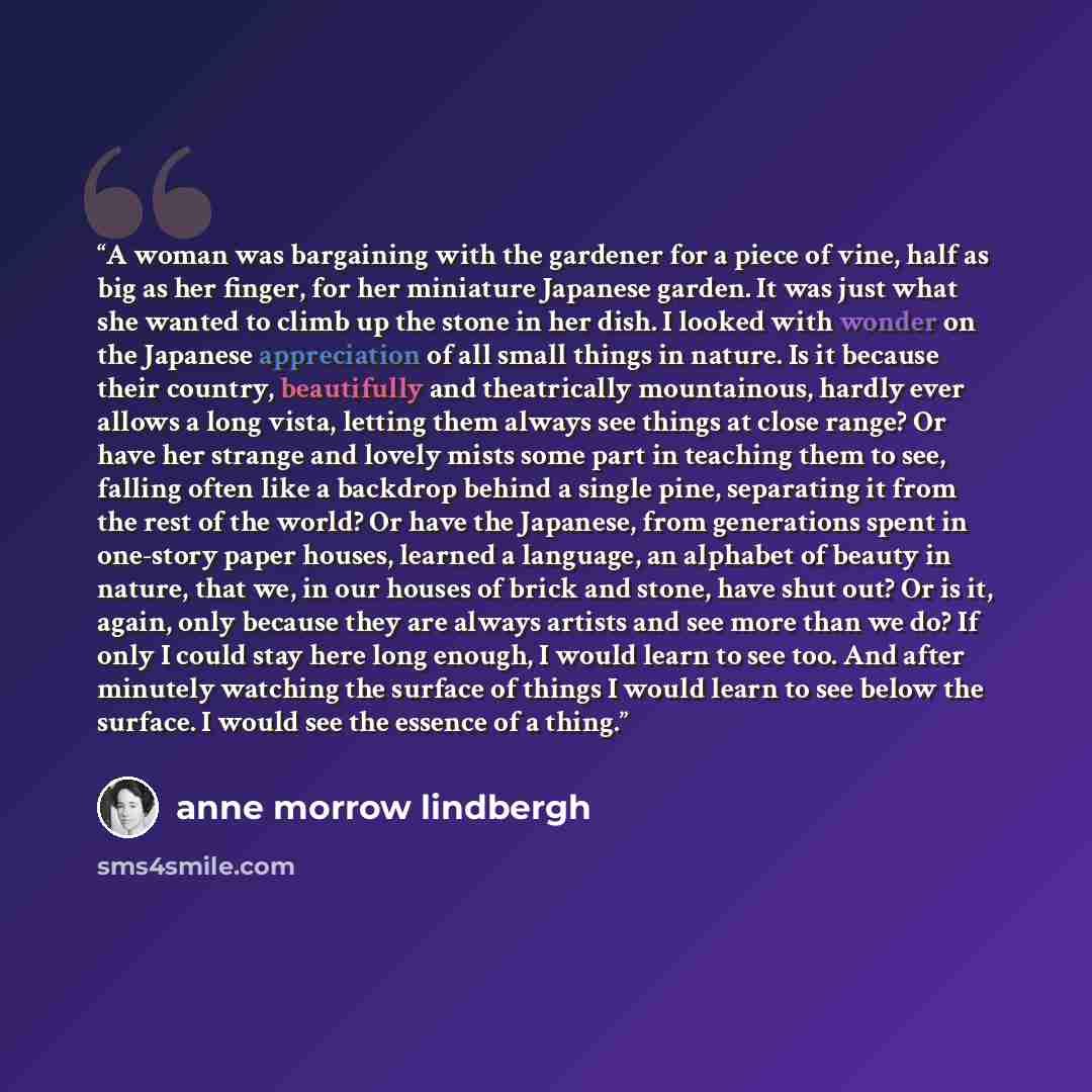“A woman was bargaining with the gardener for a piece of vine, half as big as her finger, for her miniature Japanese garden. It was just what she wanted to climb up the stone in her dish. I looked with wonder on the Japanese appreciation of all small things in nature. Is it because their country…” quote by Anne Morrow Lindbergh