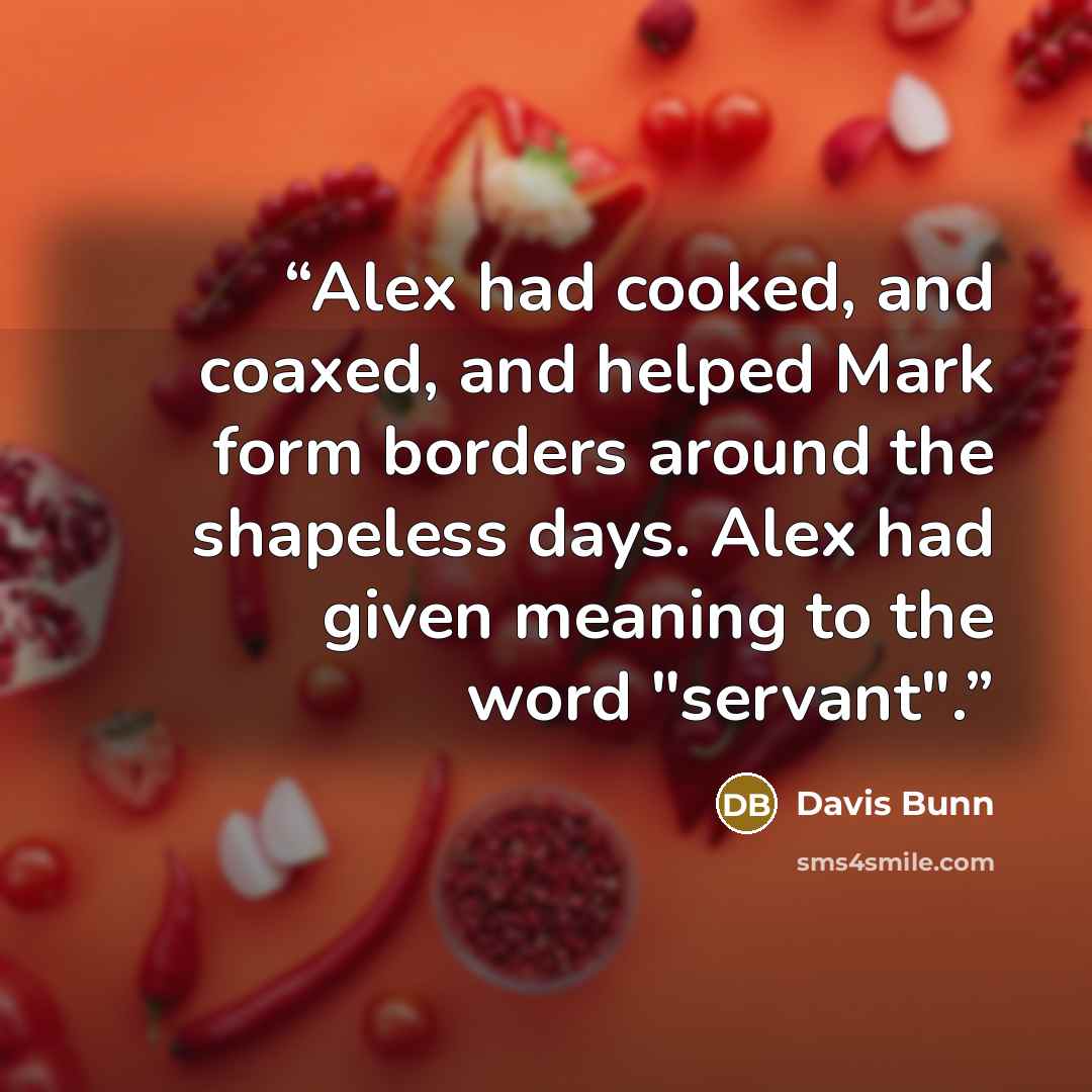“Alex had cooked, and coaxed, and helped Mark form borders around the shapeless days. Alex had given meaning to the word "servant".” quote by Davis Bunn