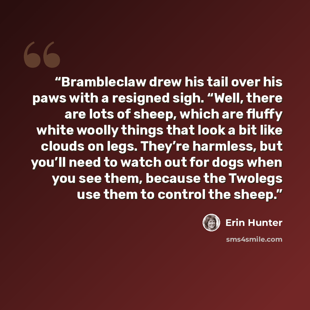 “Brambleclaw drew his tail over his paws with a resigned sigh. “Well, there are lots of sheep, which are fluffy white woolly things that look a bit like clouds on legs. They’re harmless, but you’ll need to watch out for dogs when you see them, because the Twolegs use them to control the sheep.” quote by Erin Hunter