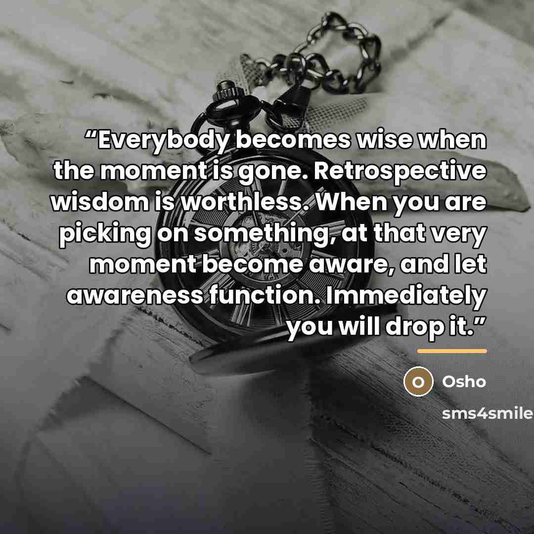 “Everybody becomes wise when the moment is gone. Retrospective wisdom is worthless. When you are picking on something, at that very moment become aware, and let awareness function. Immediately you will drop it.” quote by Osho