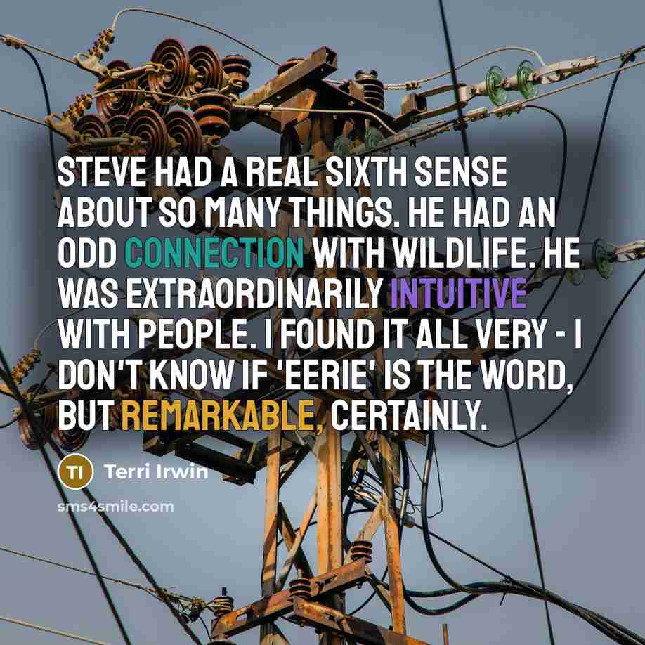 “Steve had a real sixth sense about so many things. He had an odd connection with wildlife. He was extraordinarily intuitive with people. I found it all very - I don't know if 'eerie' is the word, but remarkable, certainly.” quote by Terri Irwin