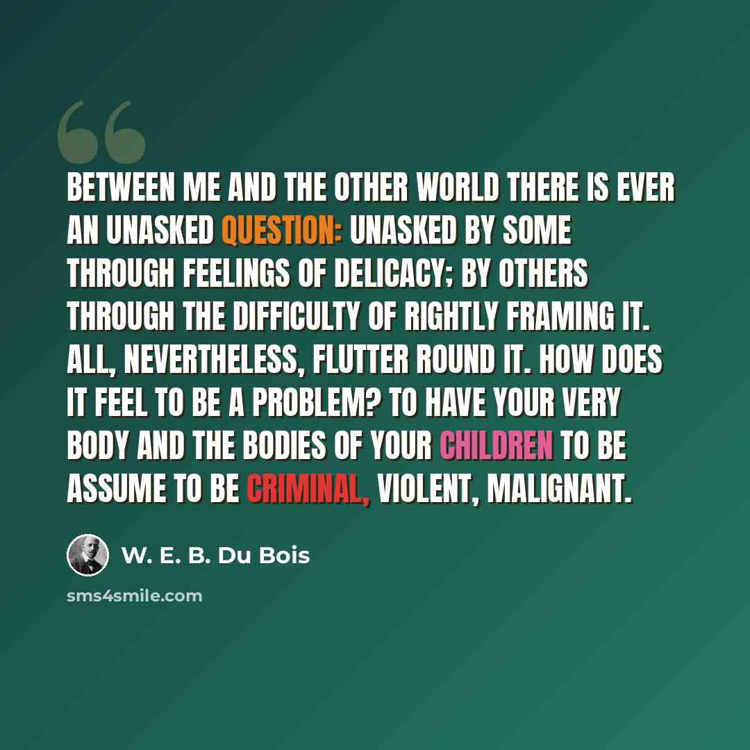 “Between me and the other world there is ever an unasked question: unasked by some through feelings of delicacy; by others through the difficulty of rightly framing it. All, nevertheless, flutter round it. How does it feel to be a problem? To have your very body and the bodies of your children to…” quote by W. E. B. Du Bois