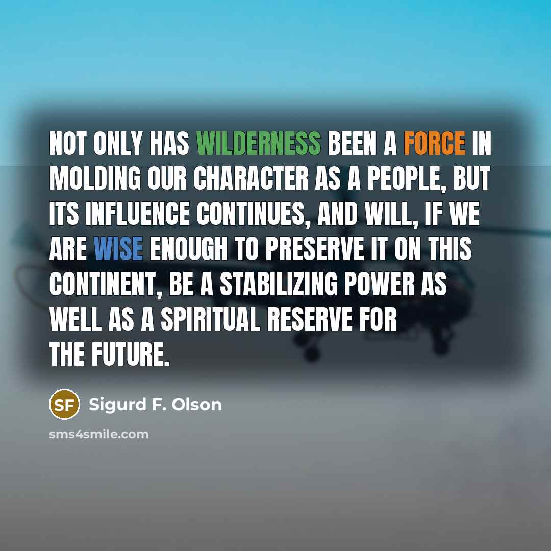 “Not only has wilderness been a force in molding our character as a people, but its influence continues, and will, if we are wise enough to preserve it on this continent, be a stabilizing power as well as a spiritual reserve for the future.” quote by Sigurd F. Olson