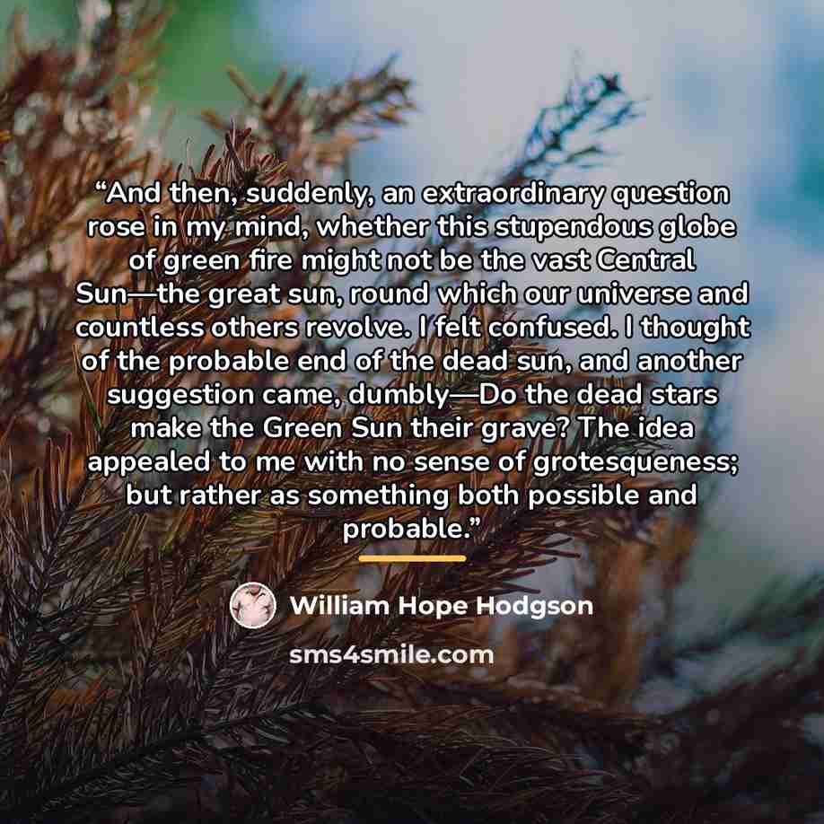 “And then, suddenly, an extraordinary question rose in my mind, whether this stupendous globe of green fire might not be the vast Central Sun—the great sun, round which our universe and countless others revolve. I felt confused. I thought of the probable end of the dead sun, and another suggestion…” quote by William Hope Hodgson