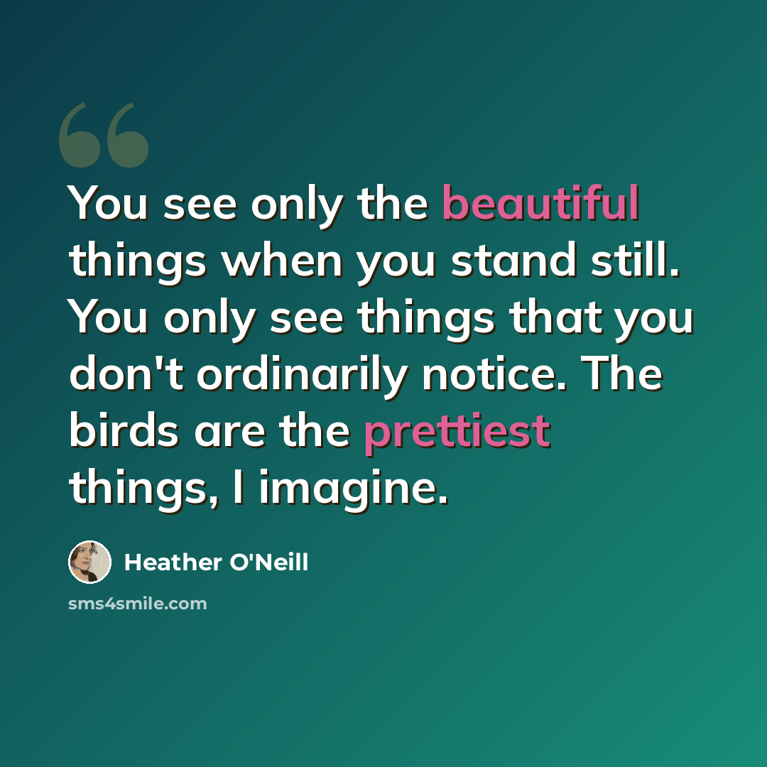 “You see only the beautiful things when you stand still. You only see things that you don't ordinarily notice. The birds are the prettiest things, I imagine.” quote by Heather O'Neill