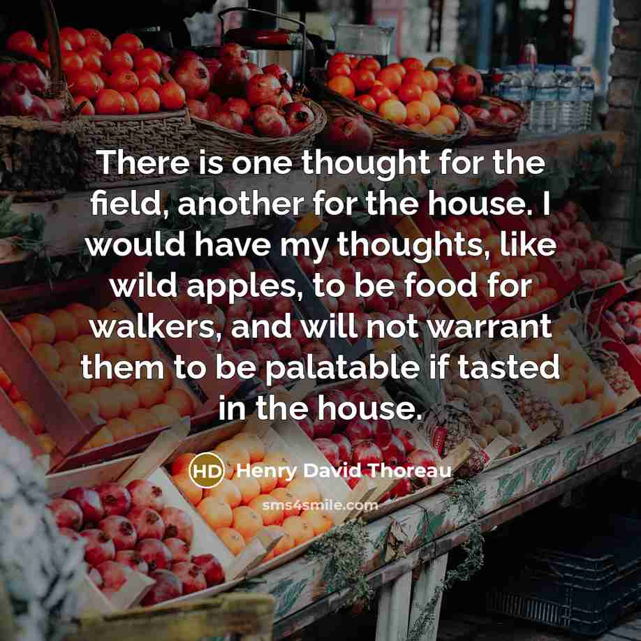 “There is one thought for the field, another for the house. I would have my thoughts, like wild apples, to be food for walkers, and will not warrant them to be palatable if tasted in the house.” quote by Henry David Thoreau