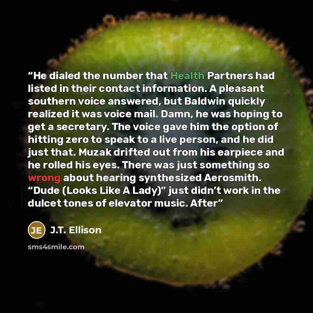 “He dialed the number that Health Partners had listed in their contact information. A pleasant southern voice answered, but Baldwin quickly realized it was voice mail. Damn, he was hoping to get a secretary. The voice gave him the option of hitting zero to speak to a live person, and he did just…” quote by J.T. Ellison