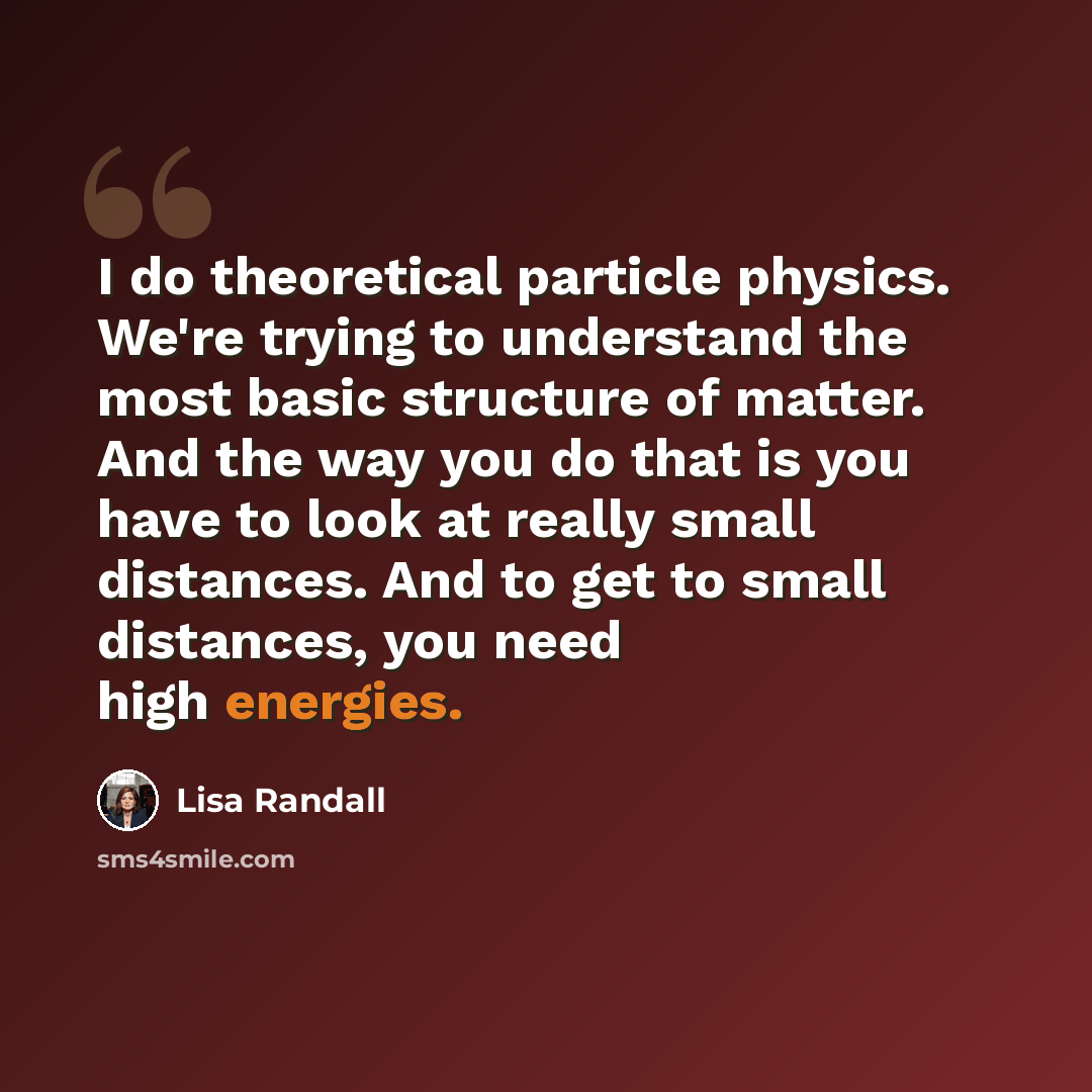 “I do theoretical particle physics. We're trying to understand the most basic structure of matter. And the way you do that is you have to look at really small distances. And to get to small distances, you need high energies.” quote by Lisa Randall