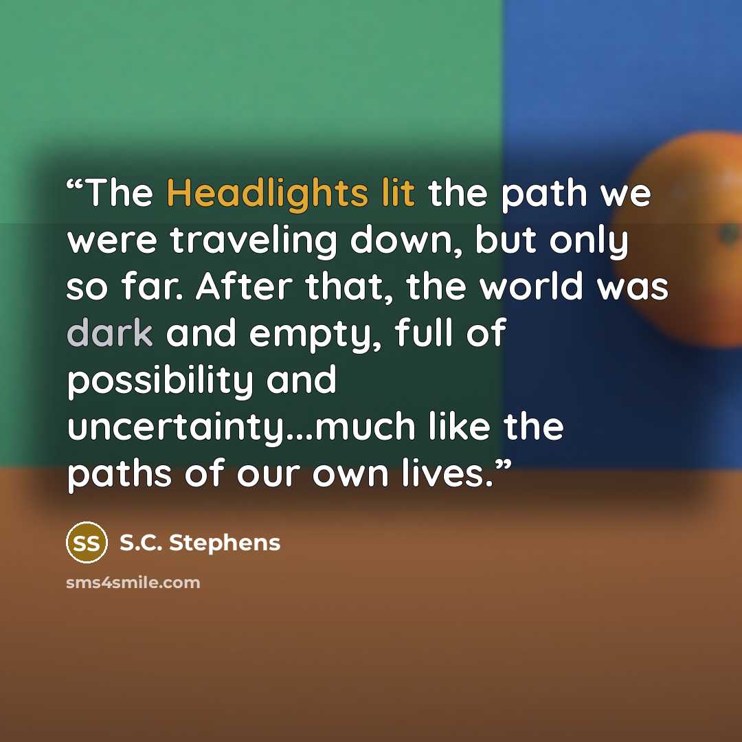 “The Headlights lit the path we were traveling down, but only so far. After that, the world was dark and empty, full of possibility and uncertainty...much like the paths of our own lives.” quote by S.C. Stephens