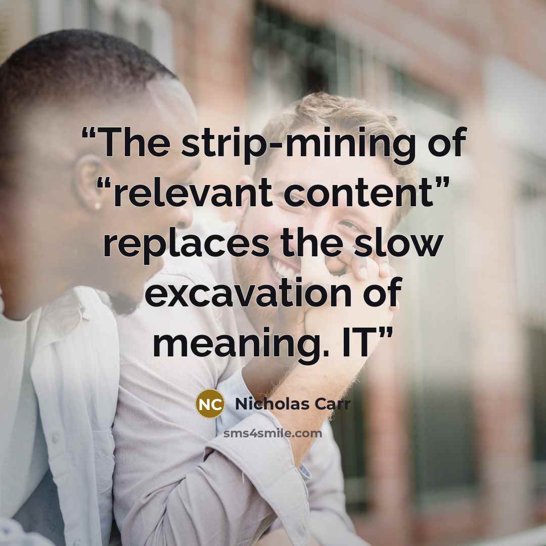 “The strip-mining of “relevant content” replaces the slow excavation of meaning. IT” quote by Nicholas Carr
