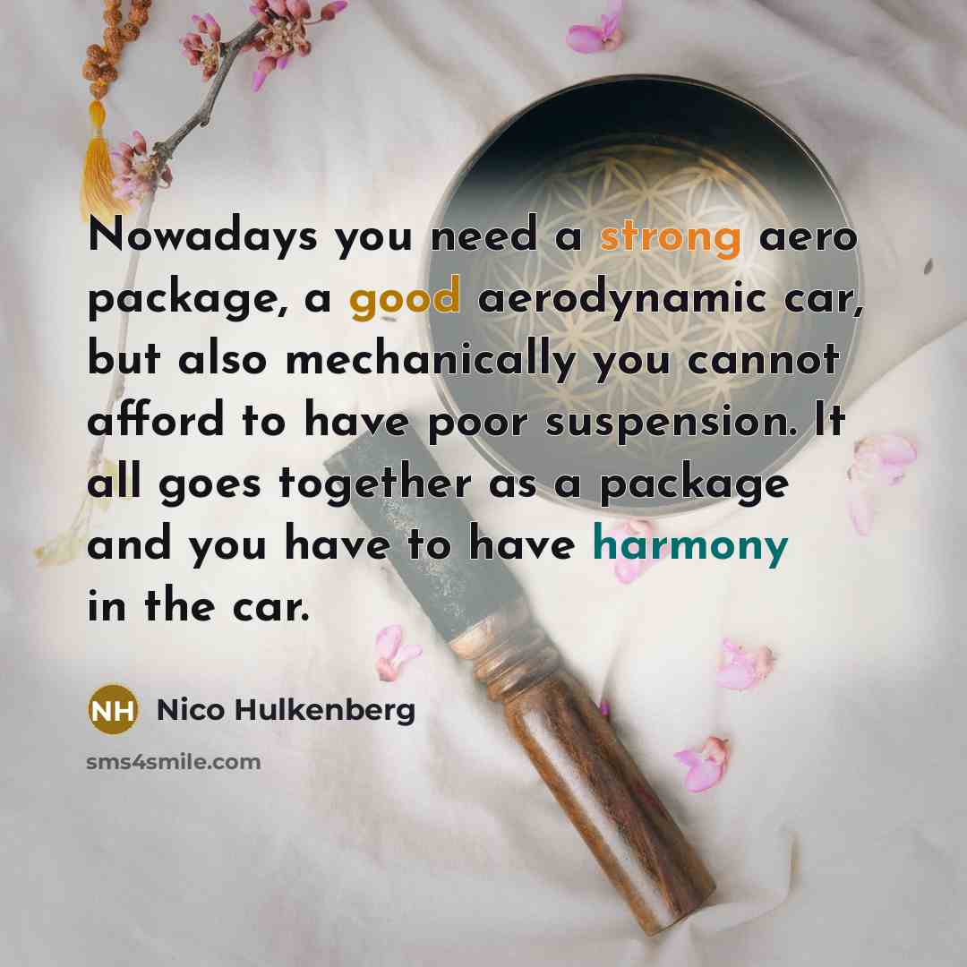 “Nowadays you need a strong aero package, a good aerodynamic car, but also mechanically you cannot afford to have poor suspension. It all goes together as a package and you have to have harmony in the car.” quote by Nico Hulkenberg