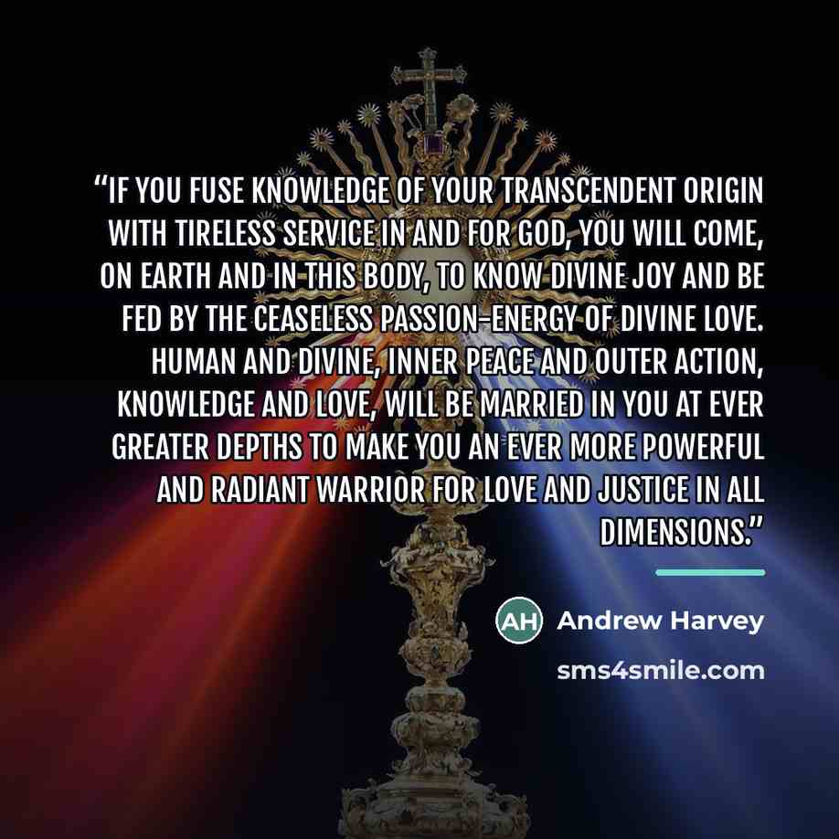 “If you fuse knowledge of your transcendent origin with tireless service in and for God, you will come, on earth and in this body, to know divine joy and be fed by the ceaseless passion-energy of divine love. Human and divine, inner peace and outer action, knowledge and love, will be married in you…” quote by Andrew Harvey