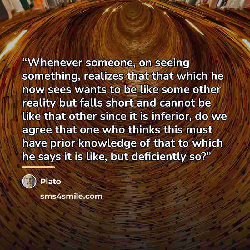 “Whenever someone, on seeing something, realizes that that which he now sees wants to be like some other reality but falls short and cannot be like that other since it is inferior, do we agree that one who thinks this must have prior knowledge of that to which he says it is like, but deficiently so?” quote by Plato