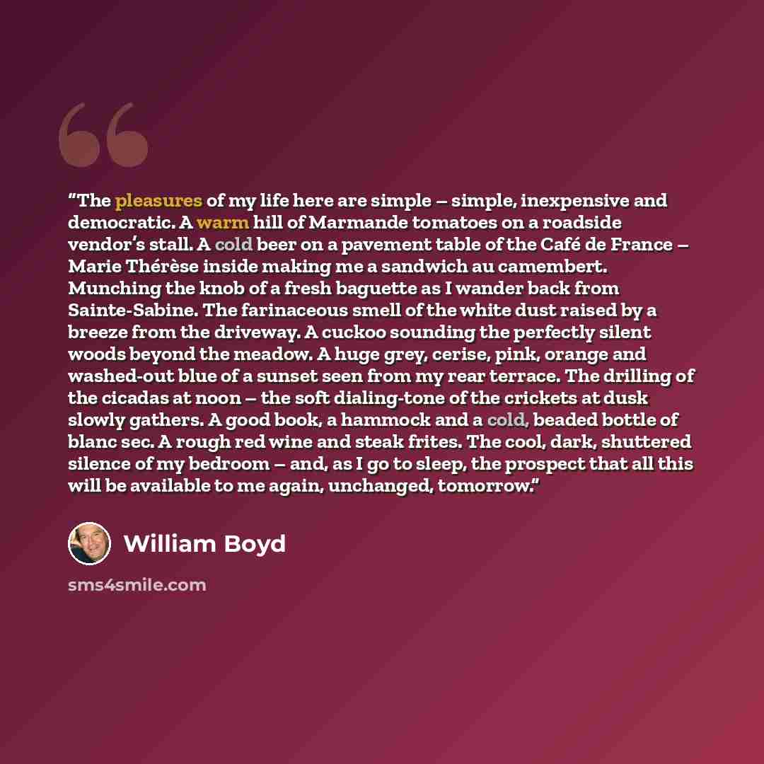 “The pleasures of my life here are simple – simple, inexpensive and democratic. A warm hill of Marmande tomatoes on a roadside vendor’s stall. A cold beer on a pavement table of the Café de France – Marie Thérèse inside making me a sandwich au camembert. Munching the knob of a fresh baguette as I…” quote by William Boyd